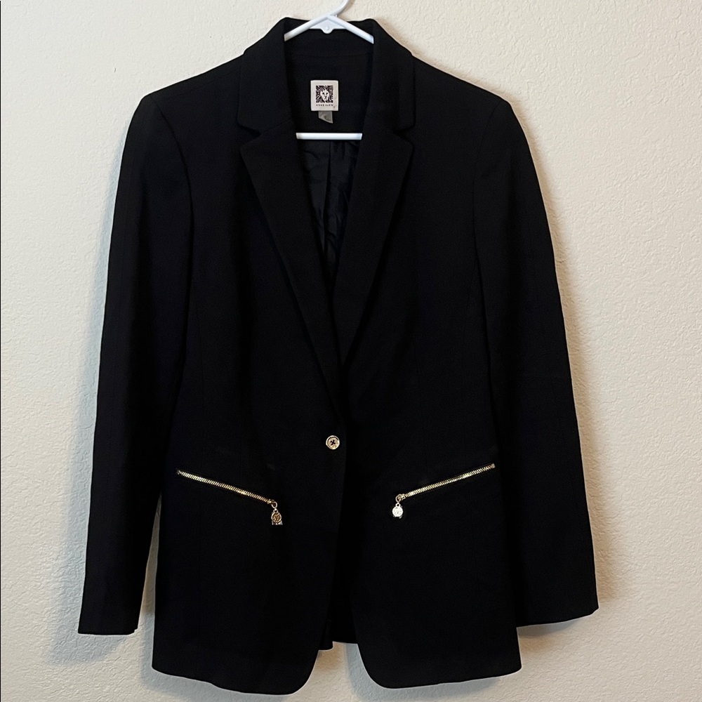 Anne Klein Black Blazer Jacket w/ Logo Zipper pockets V-Neckline - Size 8